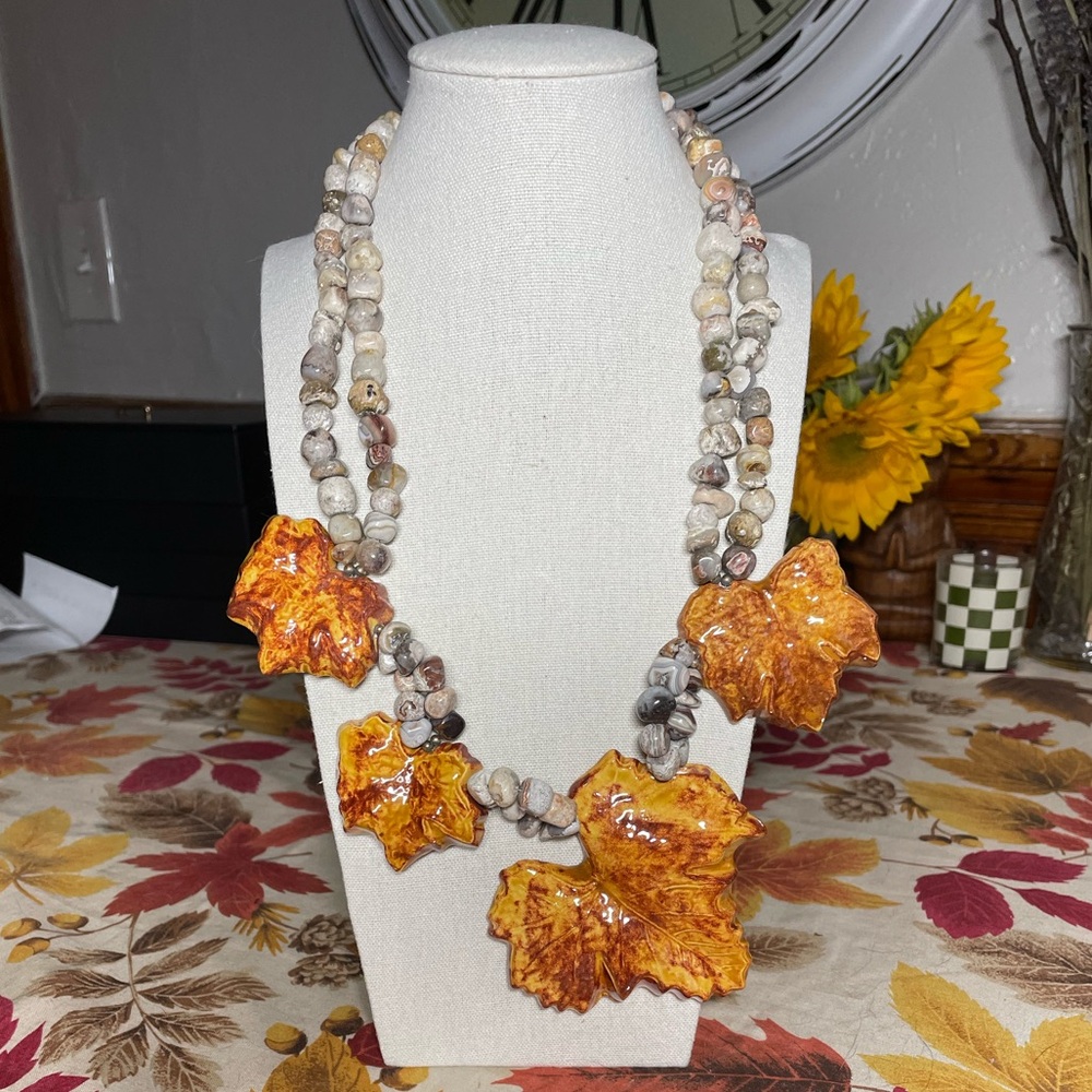 Vintage Handmade Crazy Lace Agate and Ceramic Leaves Necklace